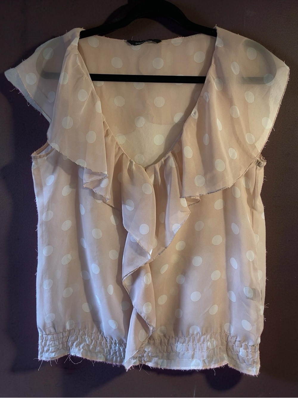 Paper Tee Brand,Women’s Blush Pink Polka Dot Ruffle Sleeveless Top Size L